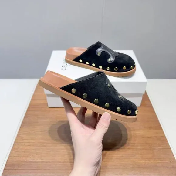 Celine Black Suede Mules with Gold Studs and Logo - Picture 3 of 6